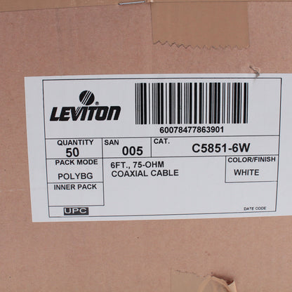 50 Leviton White 6' Coaxial Video Cables RG59 Plugs 75-Ohm F-Type Wire C5851-6W