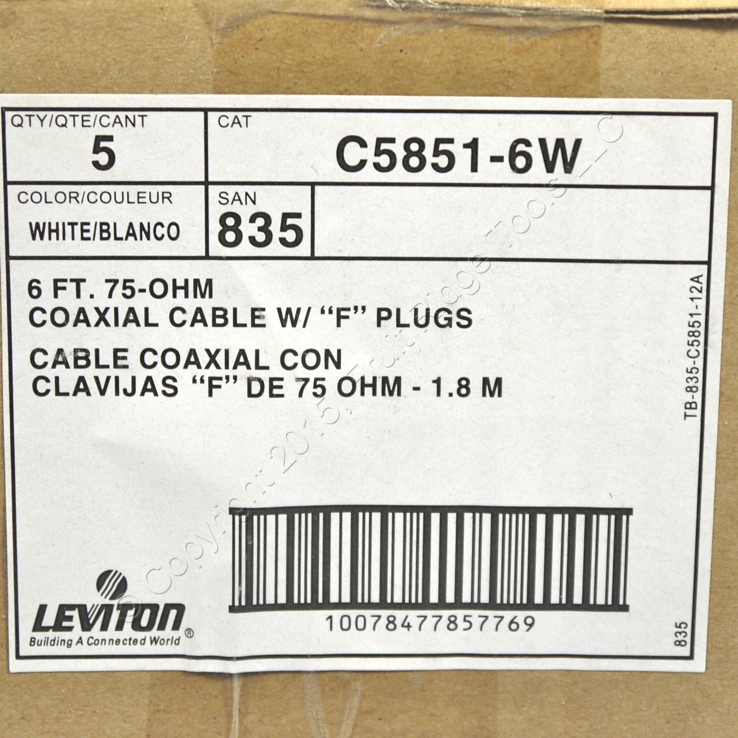 5 Leviton White 6' Coaxial Video Cables F-Type RG59 C5851-6W