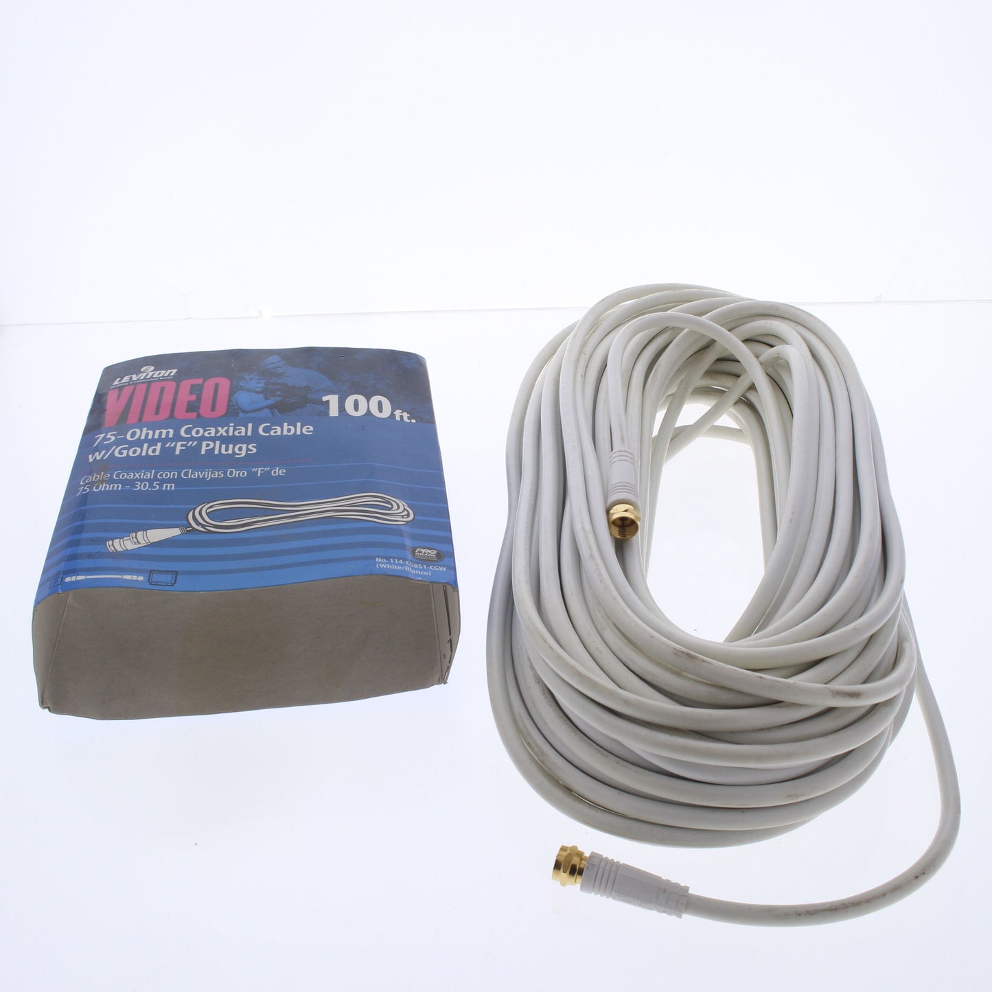 Leviton C5851-100G White 100 Feet Coaxial Video Cable GOLD PLUGS F-Type