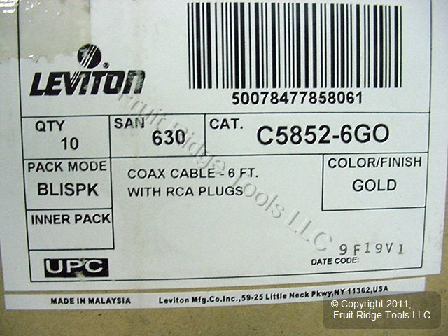 10 Leviton Black 6' TV/DVD/Stereo AV Audio Video Cables GOLD RCA Plugs C5852-6GO