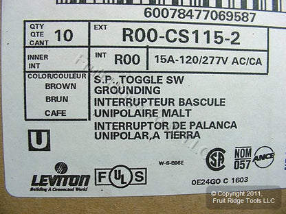 Leviton CS115-2 Brown Commercial Toggle Wall Light Switches 15A 10-Pack
