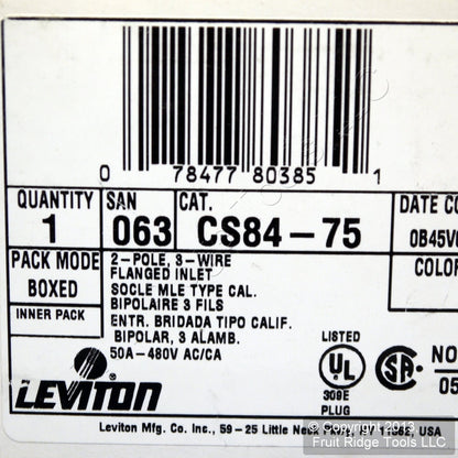Leviton CS84-75 California Non-NEMA Twist Locking Flanged Inlet Plug 50A 480V
