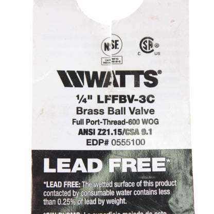 Watts LFFBV-3C 1/4 Inch Npt Brass Ball Valve Full Port Turn Lead Free