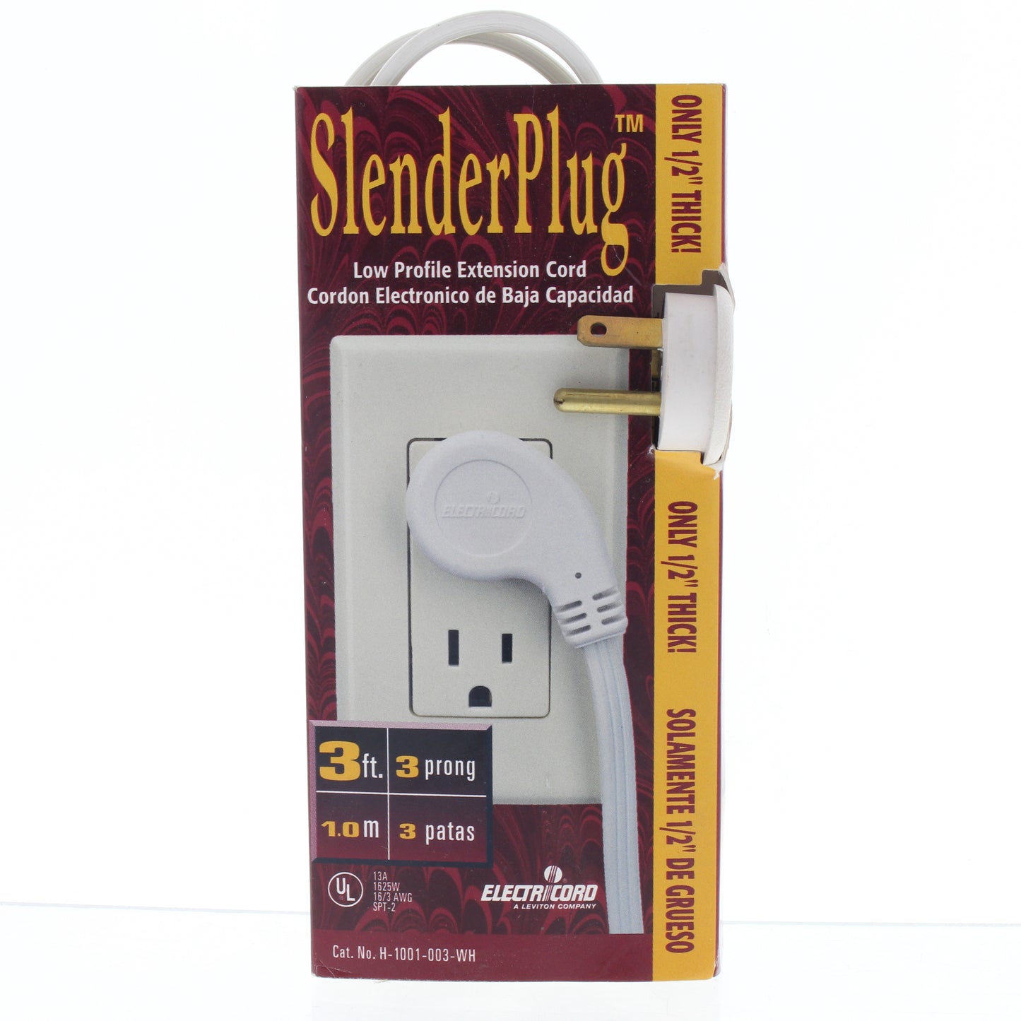Leviton White Low Profile 3-Outlet Extension Cord 3' 15A 125V Only 1/2" Thick