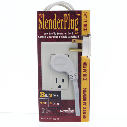 Leviton White Low Profile 3-Outlet Extension Cord 3' 15A 125V Only 1/2" Thick