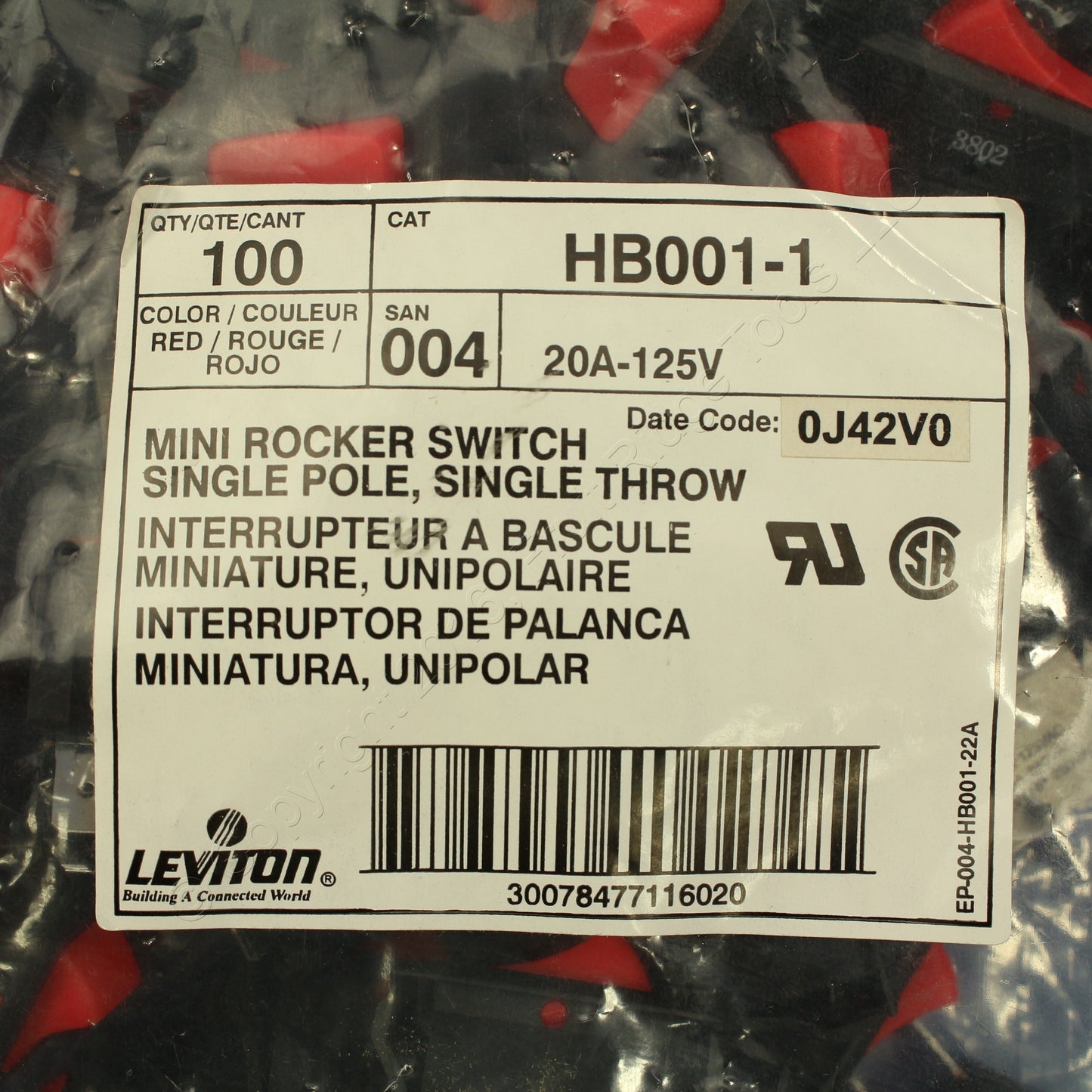 Leviton Black /Red Snap-In Mini Rocker Panel Switch On/Off 20A SPST Micro 100pcs