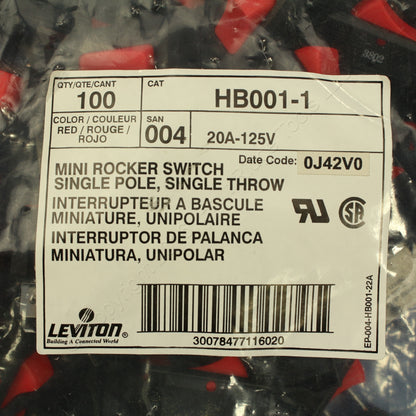 Leviton Black /Red Snap-In Mini Rocker Panel Switch On/Off 20A SPST Micro 100pcs