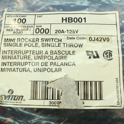 Leviton HB001-1 Black SPST w/ Red Snap-In Mini Rocker Switches On/Off 20A 100pcs