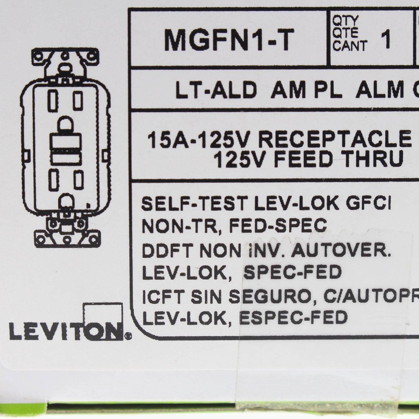 Leviton MGFN1-T Lev-Lok Light Almond Duplex Self-Test GFCI Receptacle 15A 125V