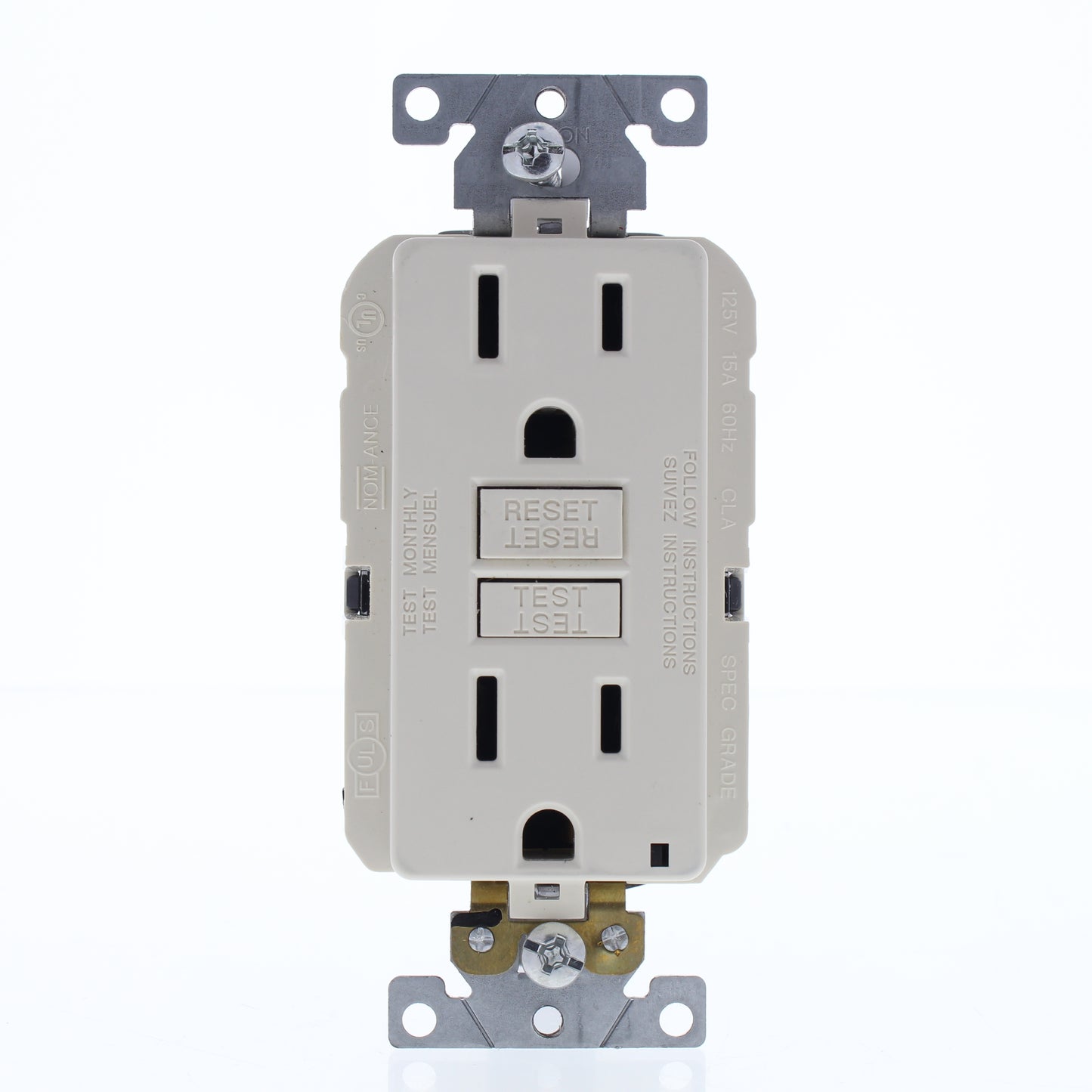Leviton MGFN1-T Lev-Lok Light Almond Duplex Self-Test GFCI Receptacle 15A 125V