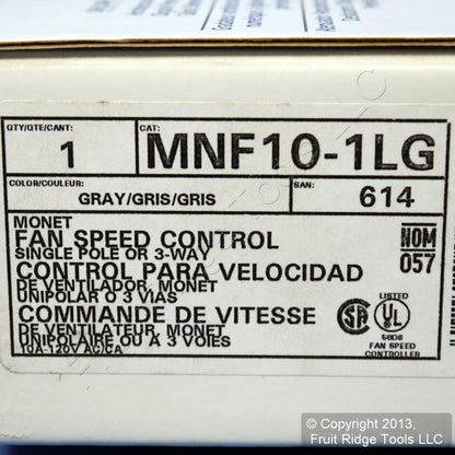 Leviton MNF10-1LG Gray Monet Slide Ceiling Fan Speed Control 120V 10A