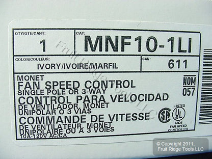 Leviton MNF10-1LI Ivory Monet Slide Ceiling Fan Speed Control 120V 10A