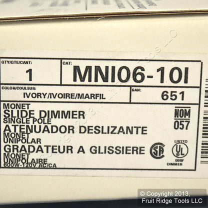 Leviton MNI06-10I Ivory Monet Slide Dimmer Switch 600W Incandescent