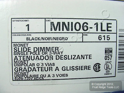 Leviton MNI06-1LE Black Monet Slide Light Dimmer Switch 600W Incandescent