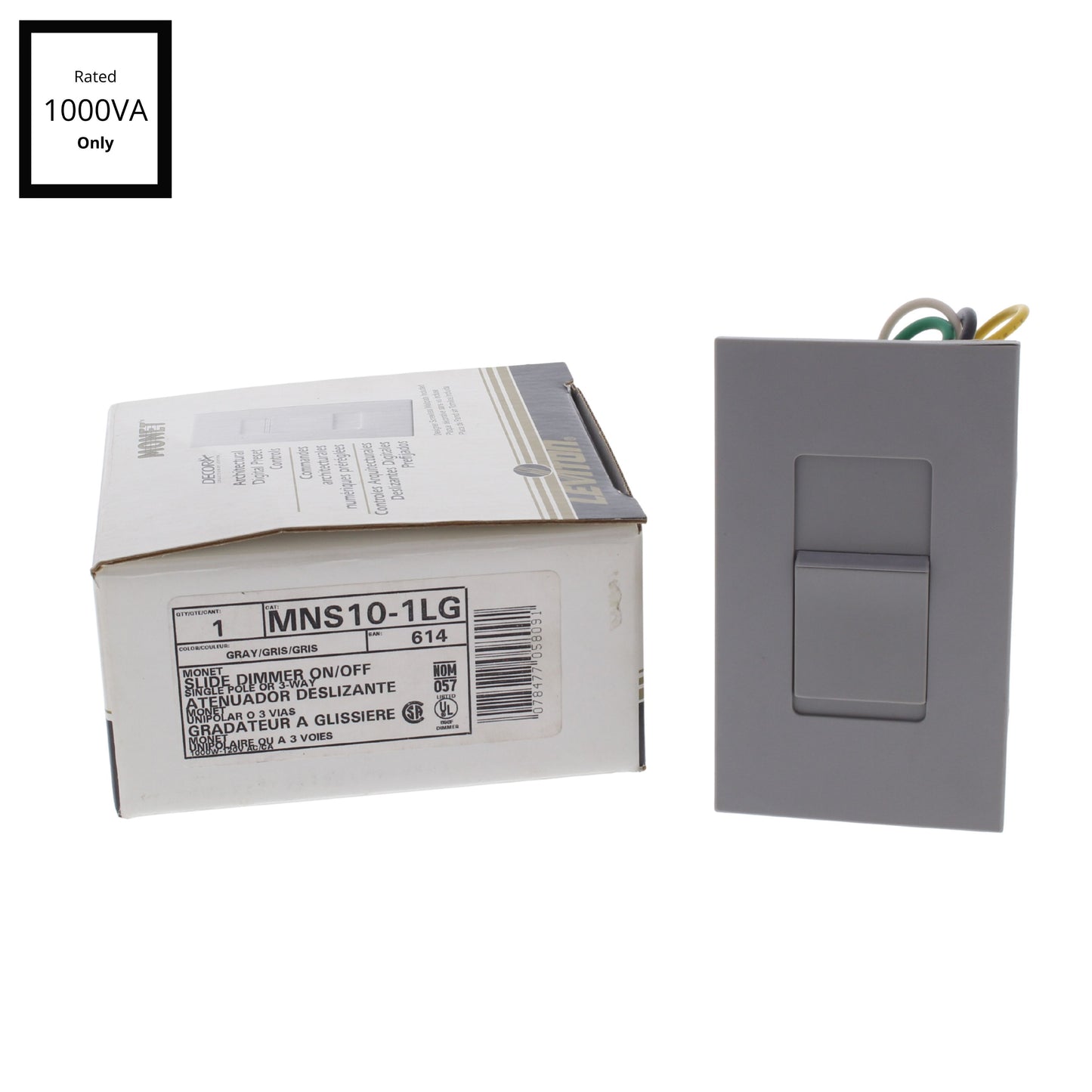 Leviton MNS10-1LG Gray Scene Monet On/Off Non-Dimming Switch Narrow Fin 1000VA