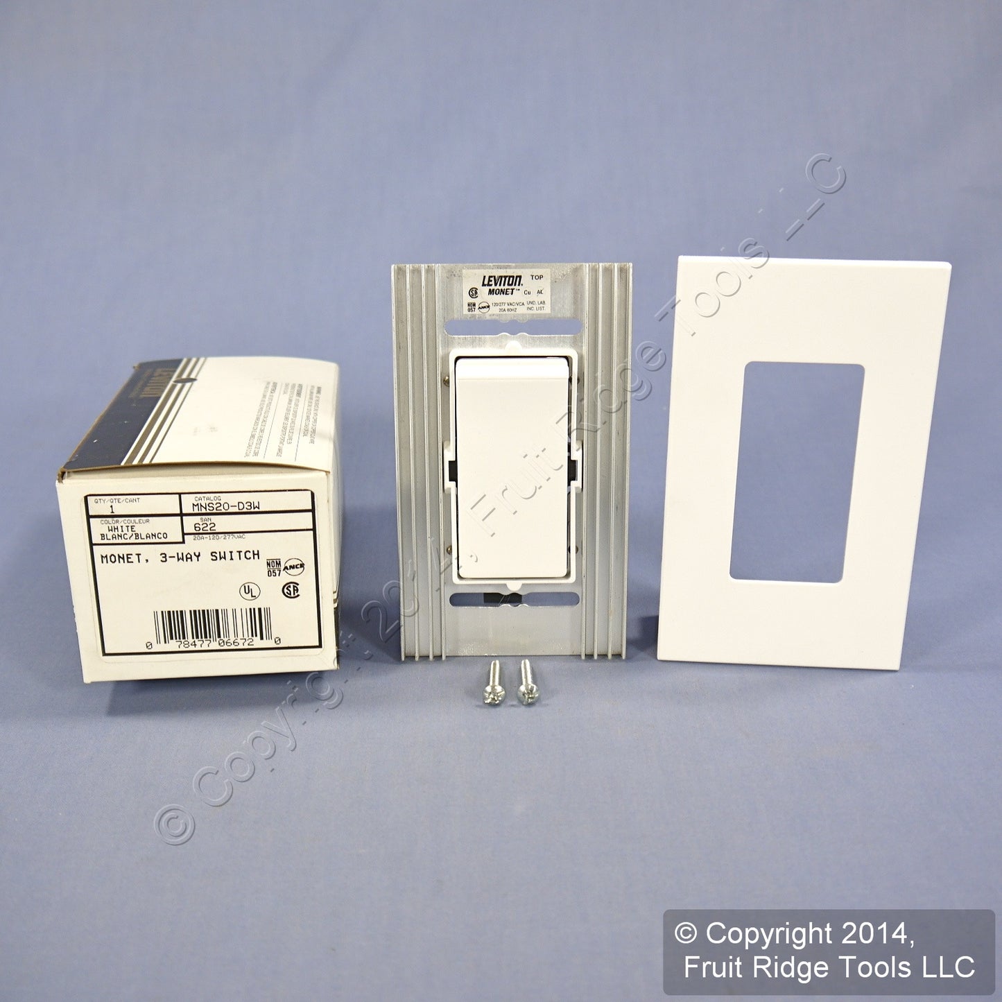 Leviton MNS20-D3W White Narrow Fin Monet 3-Way 20A Rocker Switch 120/277V 60Hz