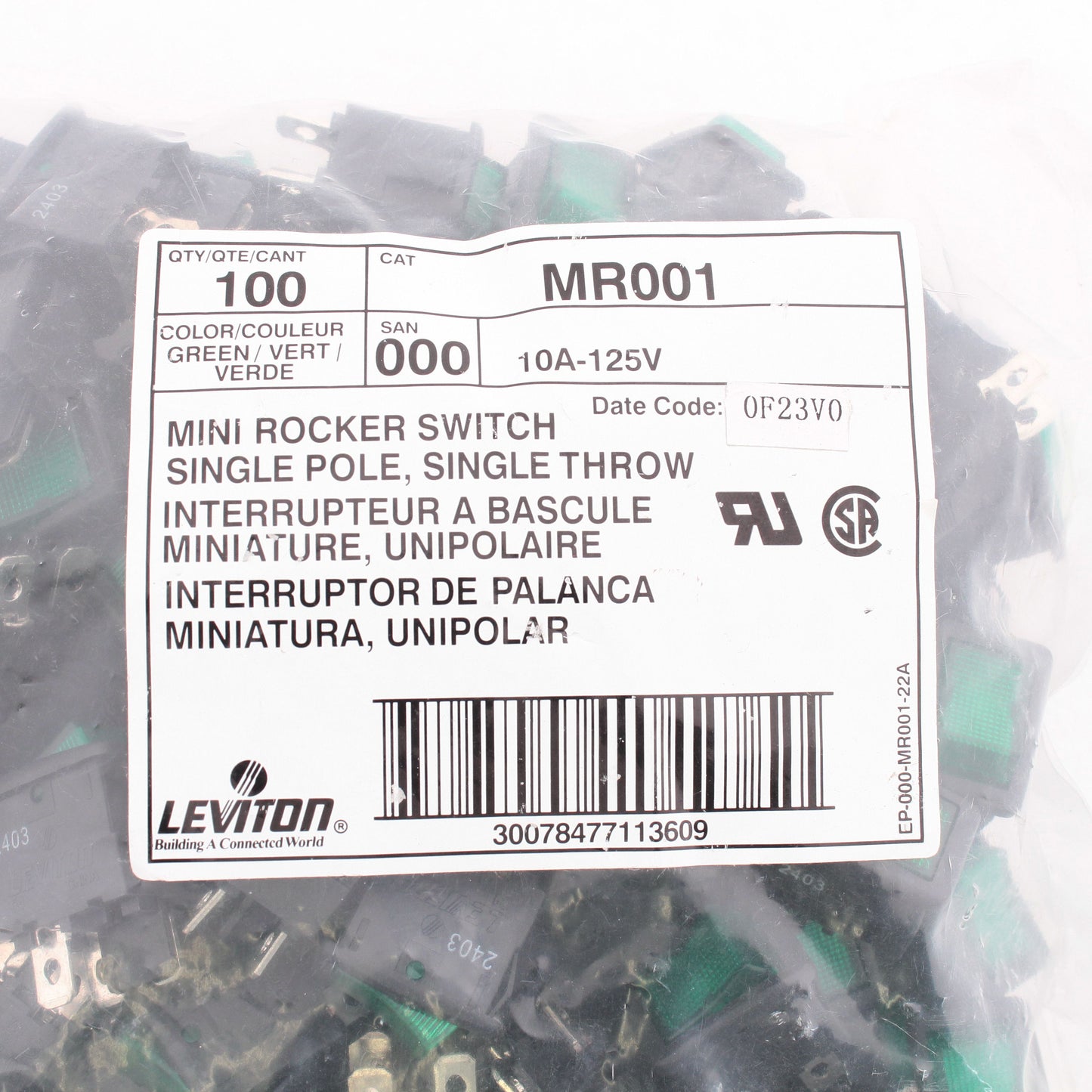 Leviton MR001 Green Pilot Light Illuminated Mini Rocker Panel Switch Micro 100pk