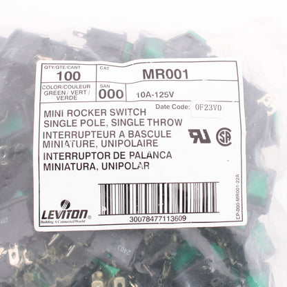 Leviton MR001 Green Pilot Light Illuminated Mini Rocker Panel Switch Micro 100pk