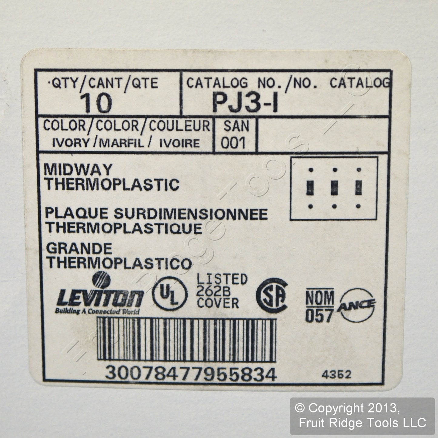 Leviton PJ3-I Ivory 3-Gang Toggle Unbreakable Nylon Midway Wallplate Cover 10pcs