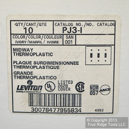 Leviton PJ3-I Ivory 3-Gang Toggle Unbreakable Nylon Midway Wallplate Cover 10pcs