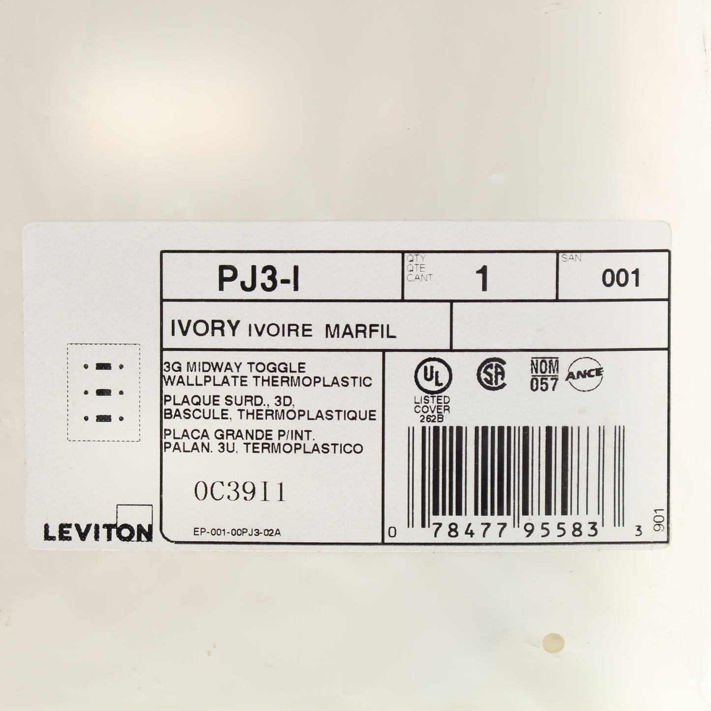 Leviton PJ3-I Ivory 3-Gang Toggle Switch Unbreakable Nylon Midway Wallplate