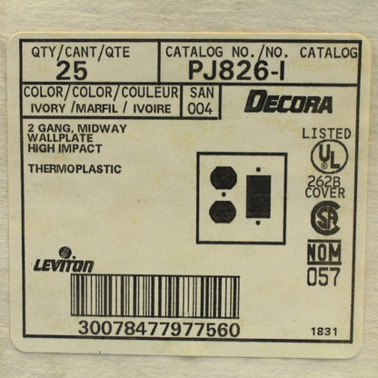 Leviton PJ826-I Ivory 2-Gang Duplex Decora Unbreakable Midway Wallplates 25pcs