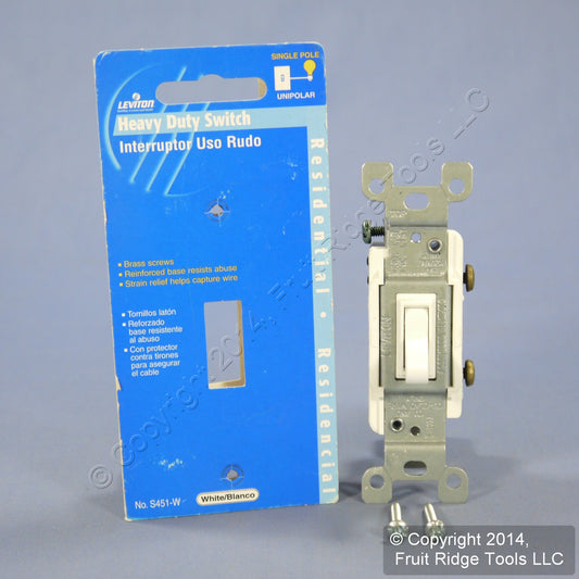 Leviton White Heavy Duty Framed Single Pole Toggle Light Switch 15A S451-W