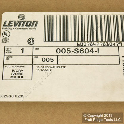 Leviton S604-I Ivory 10-Gang Toggle Switch Painted Metal Standard Size Wallplate