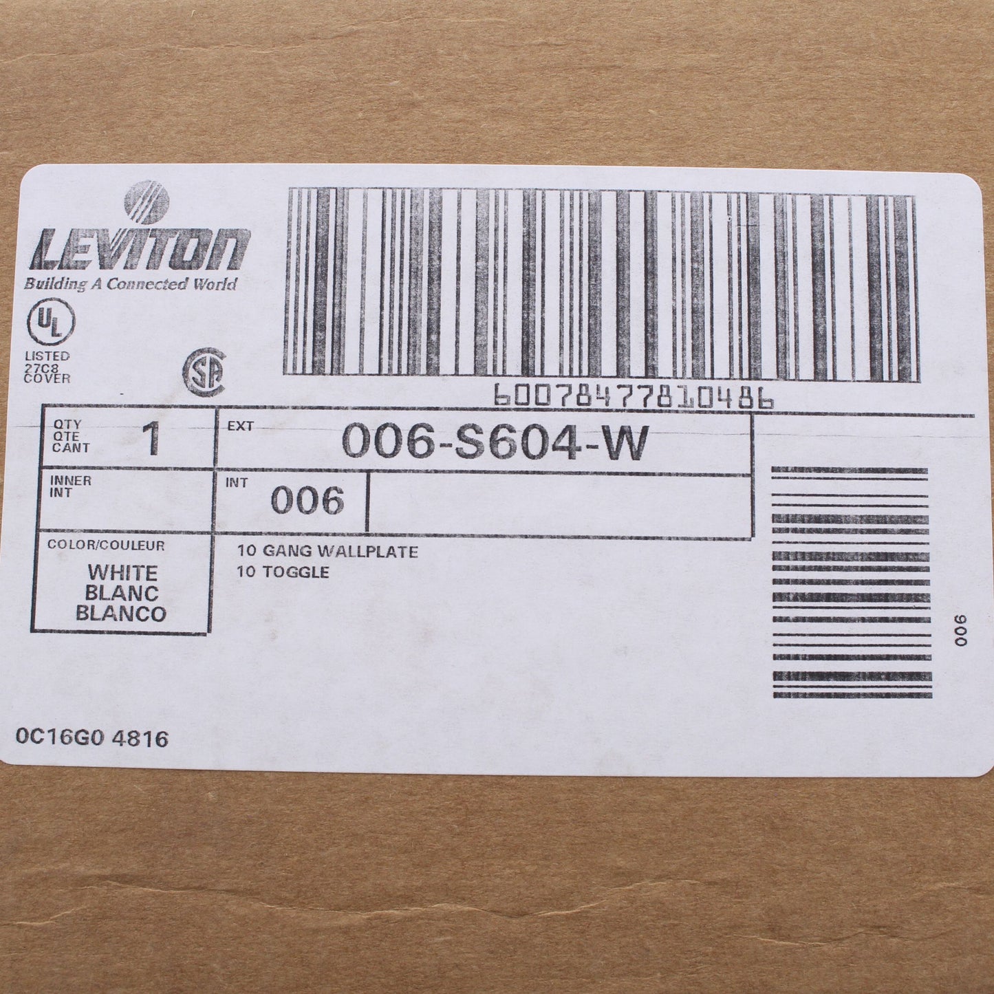 Leviton S604-W White 10-Gang Steel Toggle Switch Cover Wall Plate Switchplate
