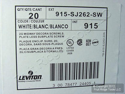 Leviton SJ262-SW White 2-Gang Midway Decora Screwless Wallplate Cover Gfci 20pcs