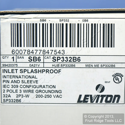 Leviton Pin & Sleeve Plug Splashproof Inlet 32A 250VAC SP332B6