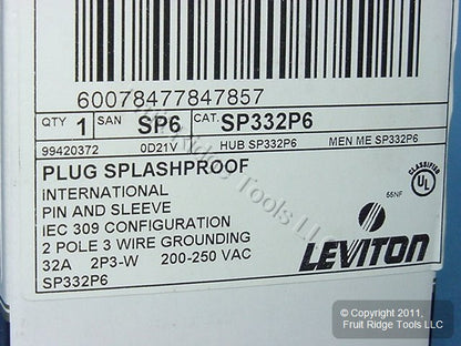 Leviton CEWE Pin & Sleeve Splashproof Plug 32A 250V SP332P6