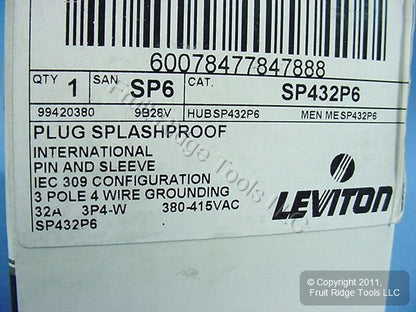 Leviton Industrial Grade Pin & Sleeve Splashproof Plug 32A 380/415V SP432P6