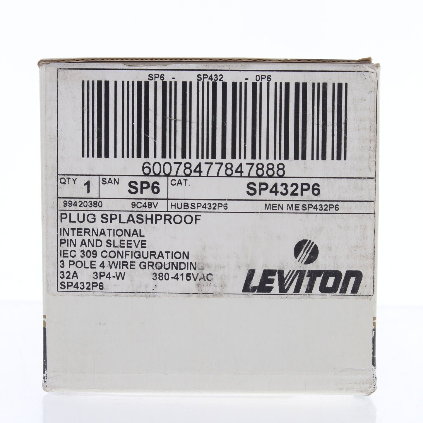 Leviton Industrial Grade Pin & Sleeve Splashproof Plug 32A 380/415V SP432P6