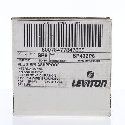 Leviton Industrial Grade Pin & Sleeve Splashproof Plug 32A 380/415V SP432P6