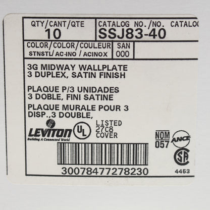 10 Leviton Non-Mag Stainless Steel Midway 3-Gang Receptacle Wallplates SSJ83-40