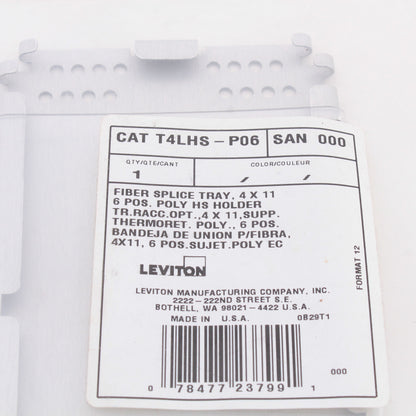 Leviton Fiber Optic 4" x 11.75" Universal Splice Tray T4LHS-P06