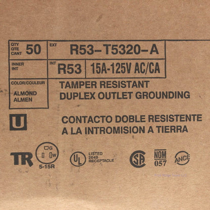 Leviton T5320-A Almond 15A Tamper Resistant Duplex Receptacle Outlet 5-15R 50pcs