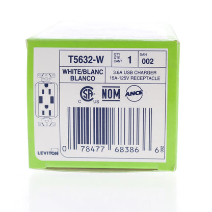 Leviton T5632-W Wall Outlet Charger with 15A Tamper Resistant Receptacles