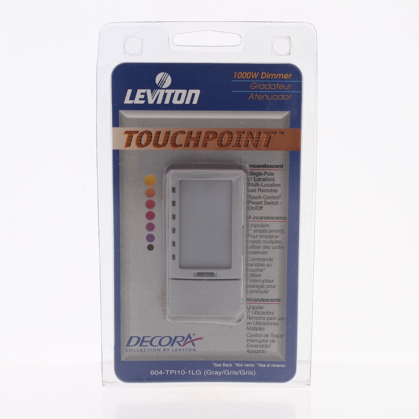 Leviton TPI10-1LG Gray TouchPoint Touch Light Dimmer Switch Decora 1000W