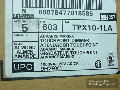 Leviton TPX10-1LA Almond Mark10 Fluorescent Touch Light Dimmer Switch 1000VA 5pk