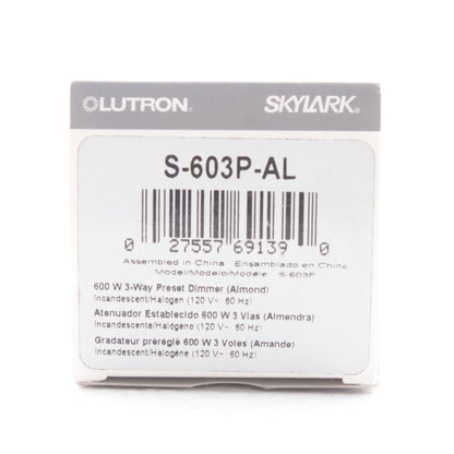 Lutron Skylark Almond 3-Way Incandescent 600W Dimmer Preset Switch S-603P-AL