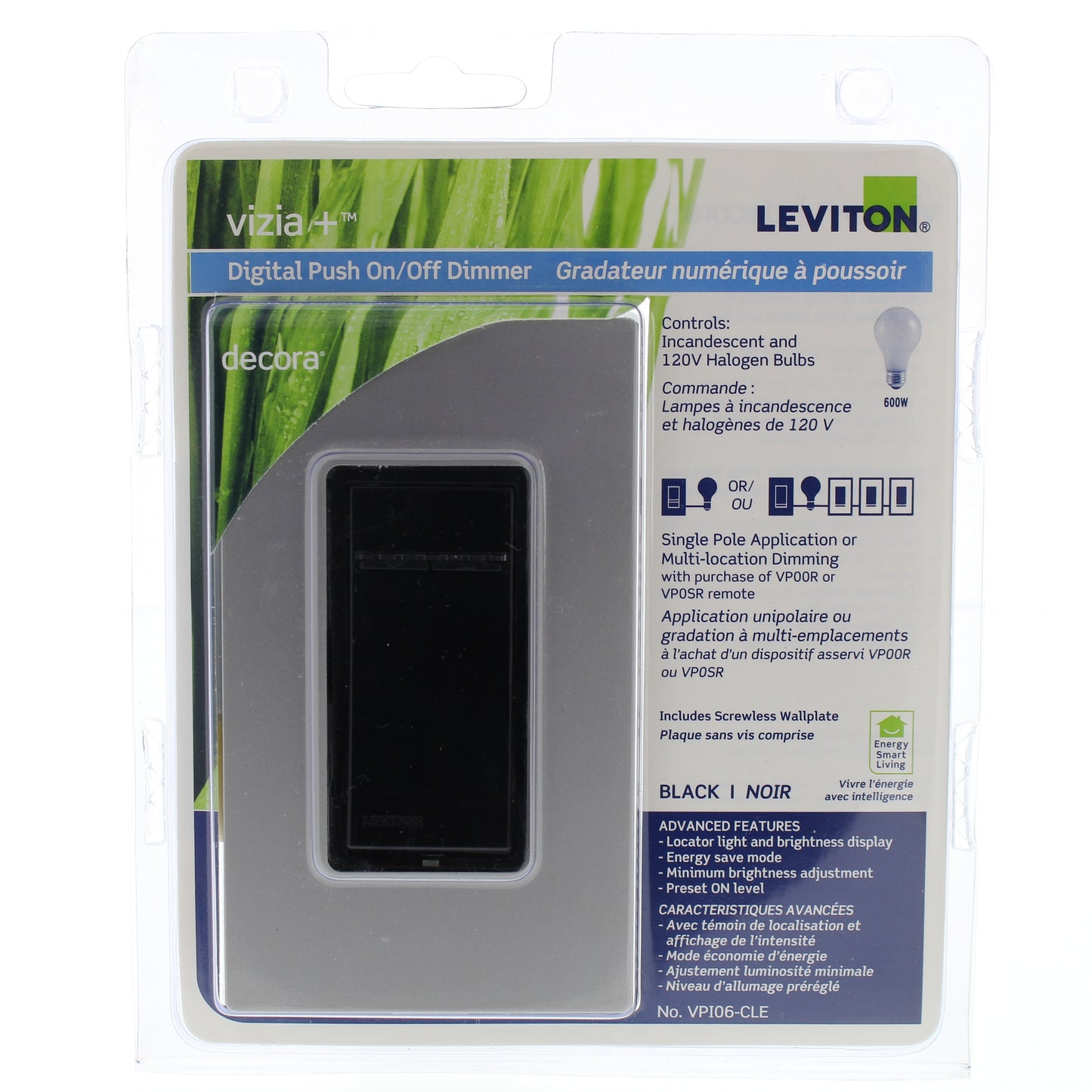 Leviton Black Vizia Plus Light Dimmer Switch 600W Incandescent 120V VPI06-CLE