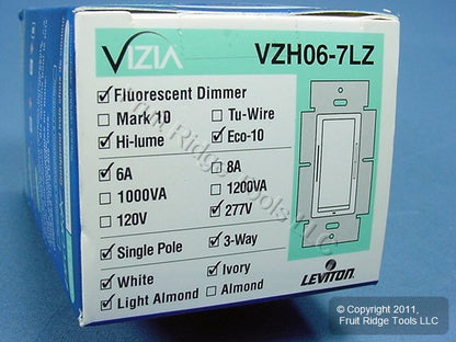 Leviton VZH06-7LZ Almond Vizia White Ivory Lt. Eco Fluorescent Dimmer Switch 6A