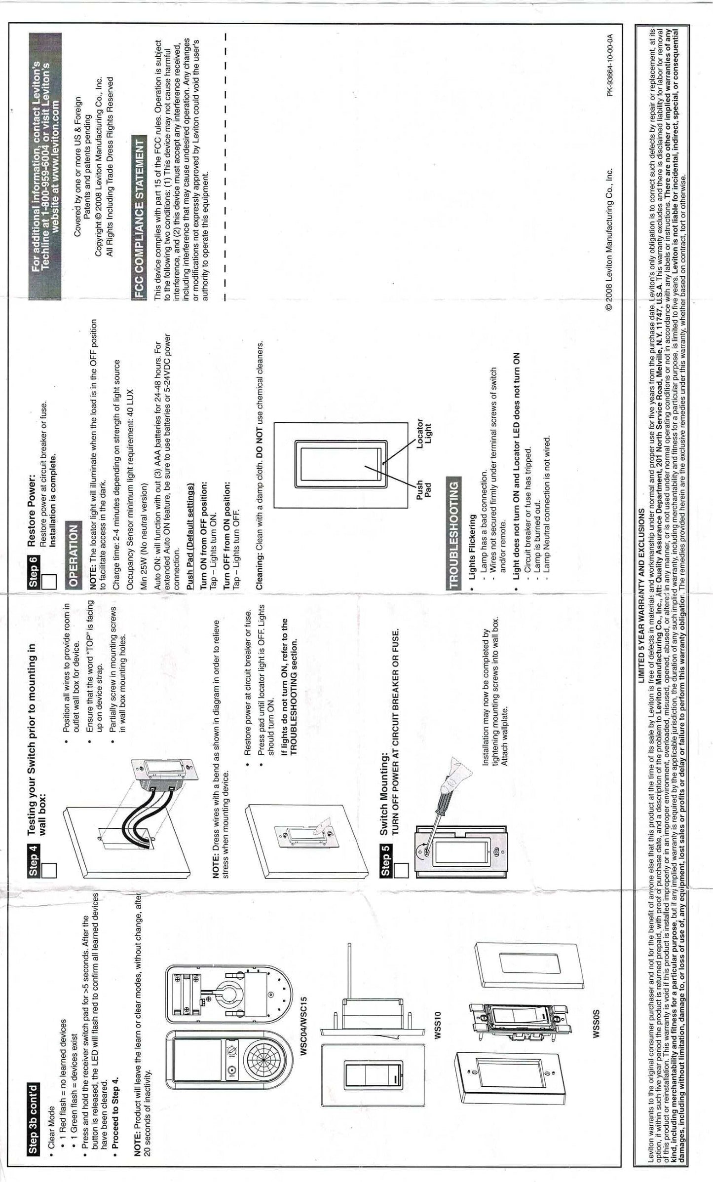 Leviton WSC04-I0W White RF Wireless Self-PoweRed Occupancy Sensor 450 Sq Feet