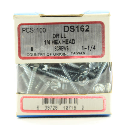 100-Pack Metallics #8 x 1-1/4" Drill Screws 1/4" Hex/Slotted Head Zinc DS162