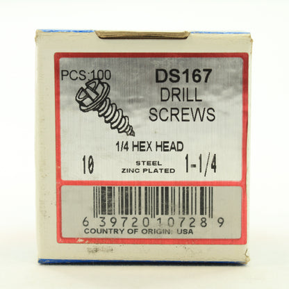 Metallics DS167 #10 x 1-1/4" Drill Screws 1/4 Hex/Slotted Head Zinc 100pcs
