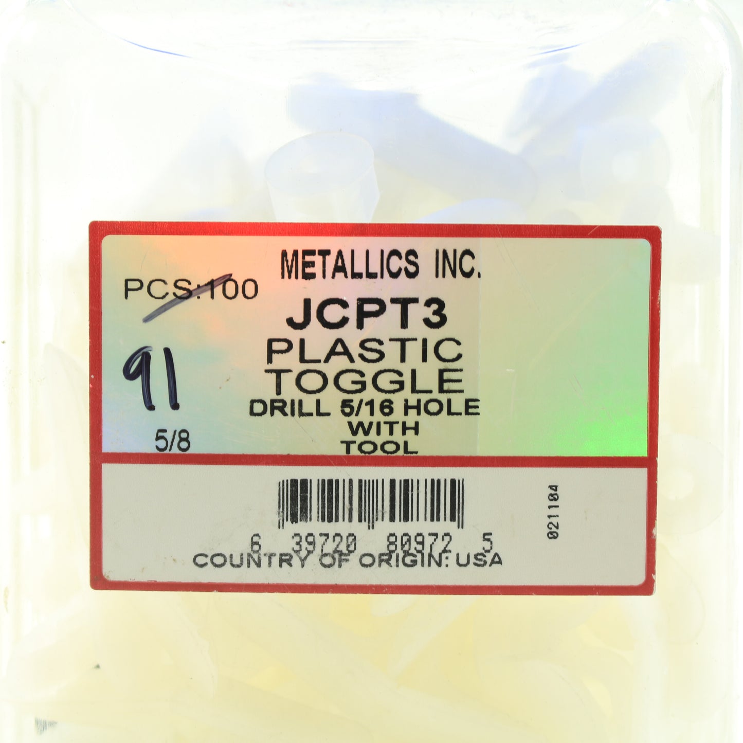 91-Pack Metallics 5/8" Plastic Toggle With Tool Key Drill 5/16" Hole JCPT3