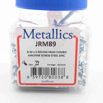 Metallics JRM89 8-32 x 2 Round Head Combo Machine Screw Steel Zinc- 99 Pack