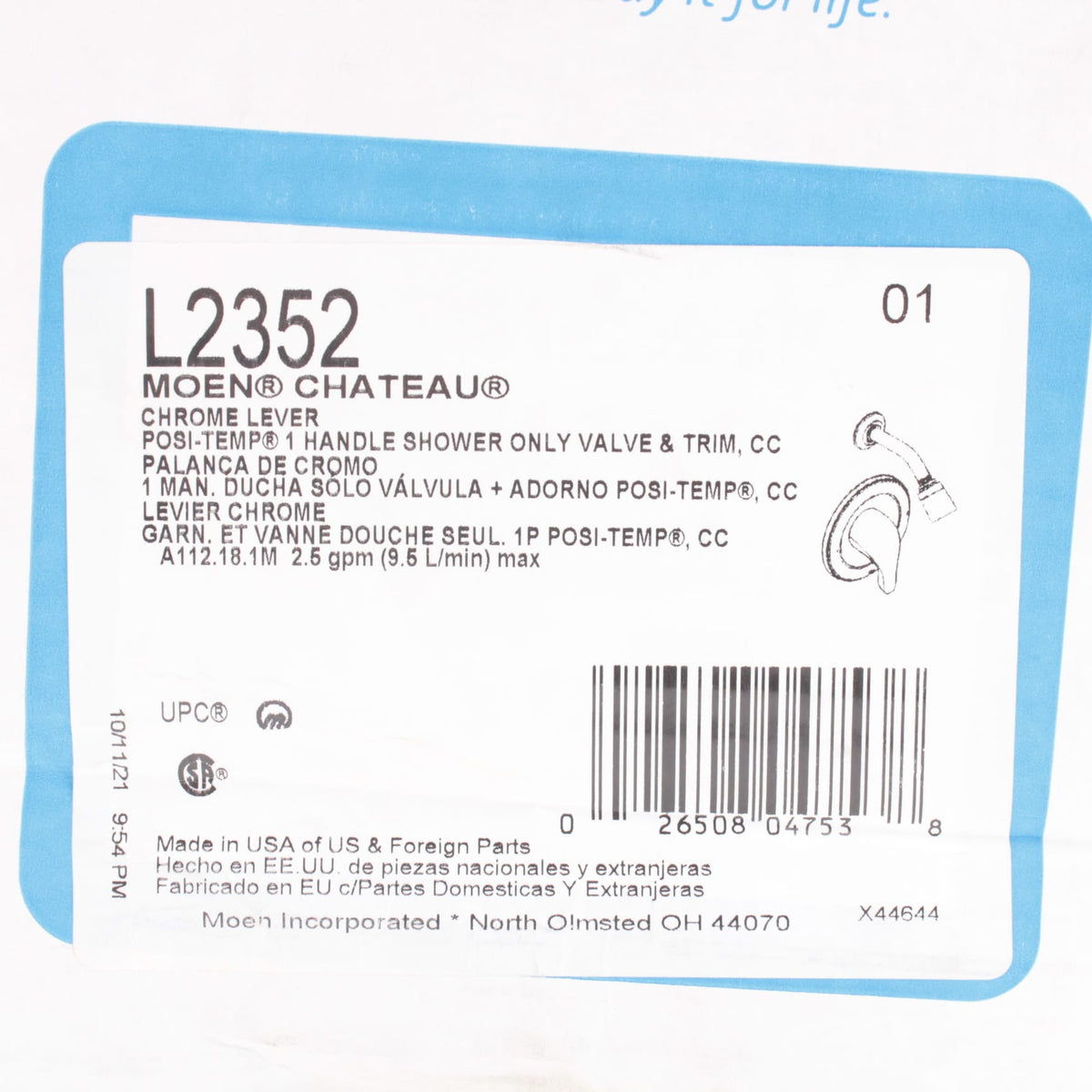 Moen L2352 Chateau Chrome Single Handle Posi-Temp® Shower Faucet Valve Included